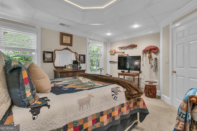 bedroom featuring crown molding, recessed lighting, carpet flooring, and visible vents