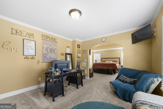 5015 Scuppernong Ct, Austell, GA 30106 - home office featuring baseboards, arched walkways, carpet, and ornamental molding