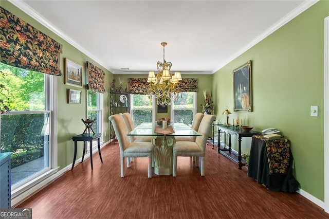 122 Gold View Dr, Dahlonega, GA 30533 - dining space with wood finished floors, a chandelier, healthy amount of natural light, baseboards, and ornamental molding