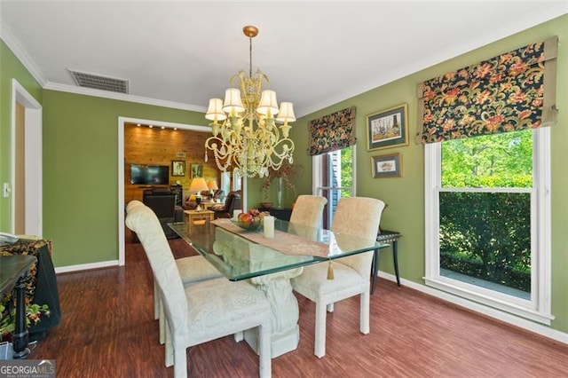 122 Gold View Dr, Dahlonega, GA 30533 - dining area featuring wood finished floors, a chandelier, ornamental molding, and baseboards