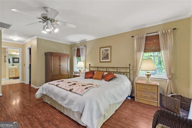 122 Gold View Dr, Dahlonega, GA 30533 - bedroom featuring wood finished floors, ornamental molding, baseboards, a ceiling fan, and ensuite bathroom