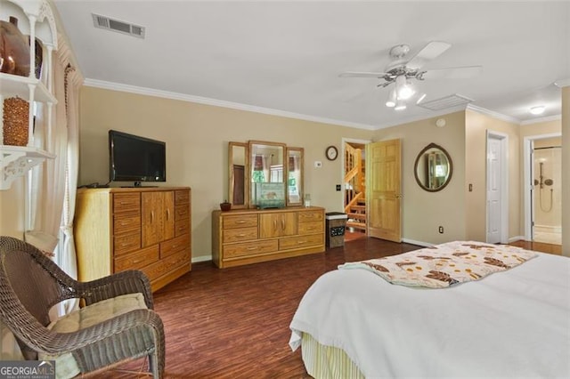 122 Gold View Dr, Dahlonega, GA 30533 - bedroom with crown molding, baseboards, dark wood-type flooring, and a ceiling fan