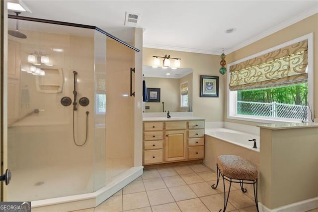 122 Gold View Dr, Dahlonega, GA 30533 - full bath featuring tile patterned floors, a shower stall, a bath, crown molding, and vanity