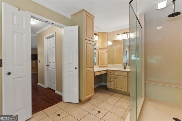 122 Gold View Dr, Dahlonega, GA 30533 - full bath featuring ornamental molding, a shower stall, vanity, tile patterned flooring, and baseboards