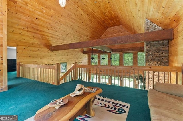 122 Gold View Dr, Dahlonega, GA 30533 - living room with high vaulted ceiling, wood ceiling, carpet floors, and wooden walls