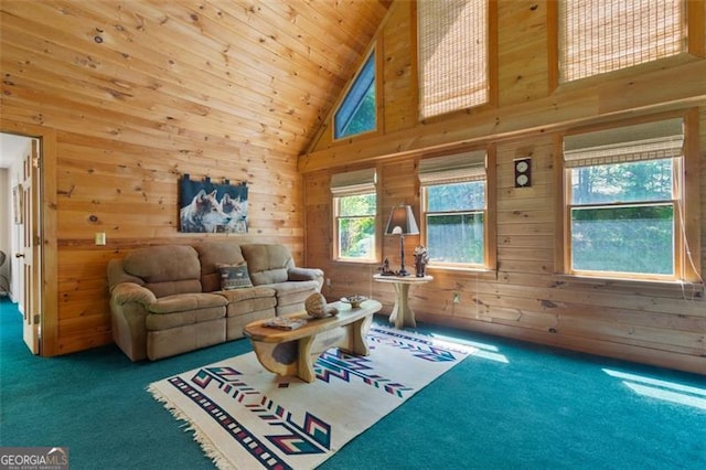 122 Gold View Dr, Dahlonega, GA 30533 - carpeted living area with wooden walls, high vaulted ceiling, and wood ceiling