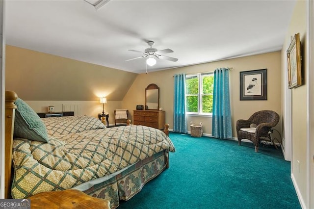 122 Gold View Dr, Dahlonega, GA 30533 - carpeted bedroom featuring a ceiling fan, vaulted ceiling, and baseboards