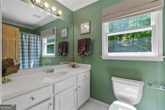 122 Gold View Dr, Dahlonega, GA 30533 - full bath featuring healthy amount of natural light, ornamental molding, toilet, vanity, and tile patterned flooring