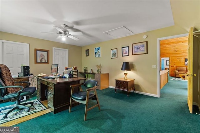 122 Gold View Dr, Dahlonega, GA 30533 - carpeted office space with attic access, ceiling fan, and baseboards