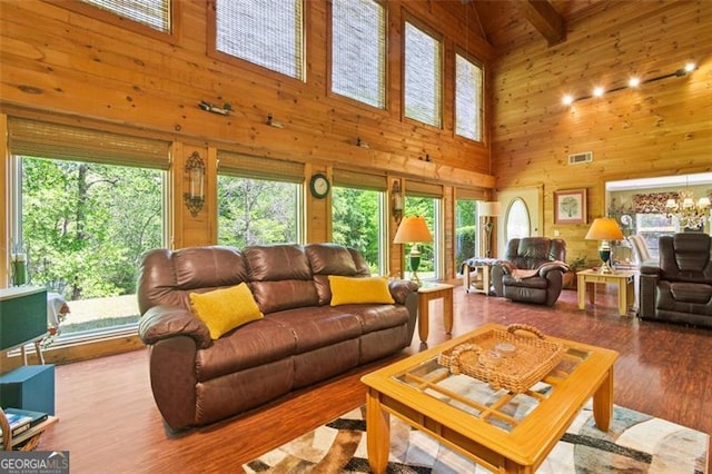 122 Gold View Dr, Dahlonega, GA 30533 - living area featuring a towering ceiling, wood walls, and wood finished floors