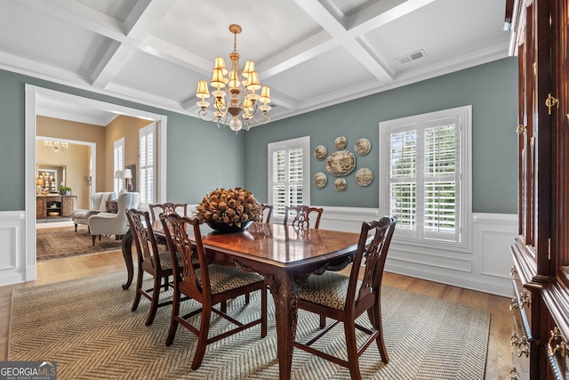 dining space featuring a wainscoted wall, visible vents, coffered ceiling, and a chandelier