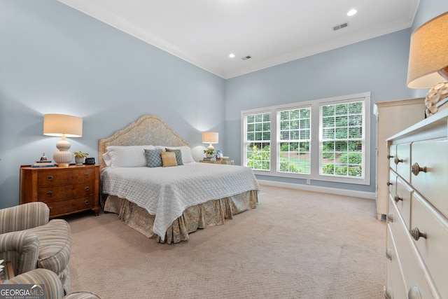carpeted bedroom featuring visible vents, ornamental molding, baseboards, and recessed lighting