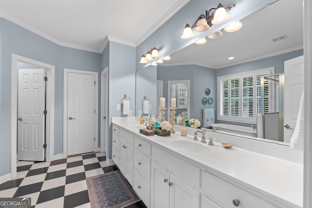 bathroom with a sink, double vanity, tile patterned floors, a garden tub, and a stall shower