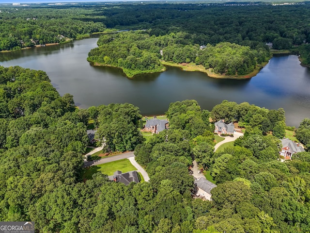 aerial view featuring a water view and a wooded view