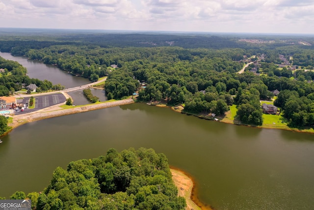 birds eye view of property with a water view and a wooded view
