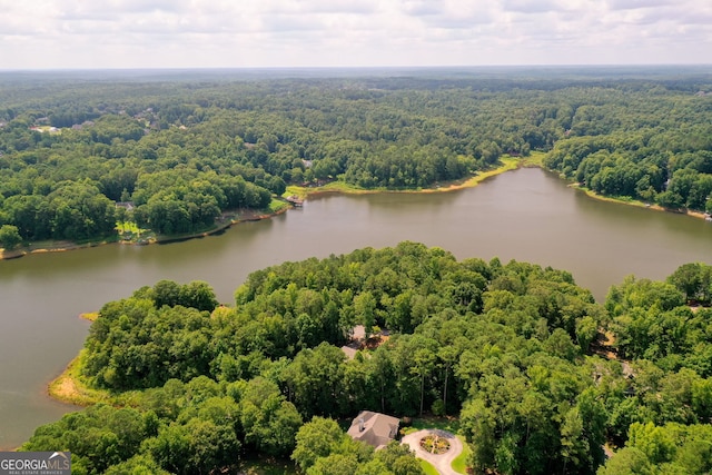 drone / aerial view with a water view and a wooded view