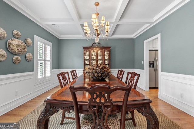 dining room with wainscoting, light wood-type flooring, beamed ceiling, a notable chandelier, and coffered ceiling