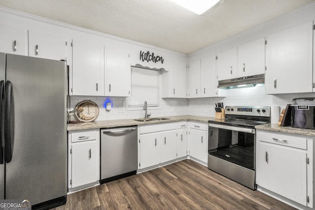 kitchen featuring decorative backsplash, dark wood finished floors, a sink, under cabinet range hood, and stainless steel appliances