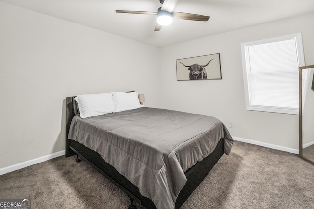 bedroom featuring carpet floors, baseboards, and ceiling fan