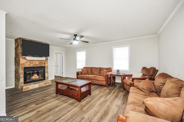 living area with crown molding, light wood-style floors, a fireplace, and a ceiling fan