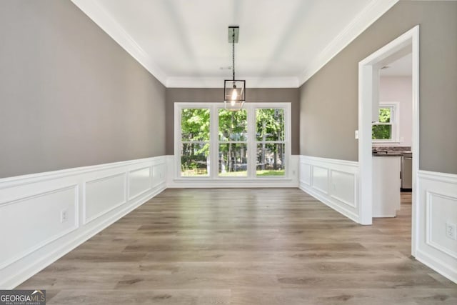 1931 Abinger Way, Lawrenceville, GA 30043 - unfurnished dining area with wainscoting, ornamental molding, wood finished floors, and a decorative wall