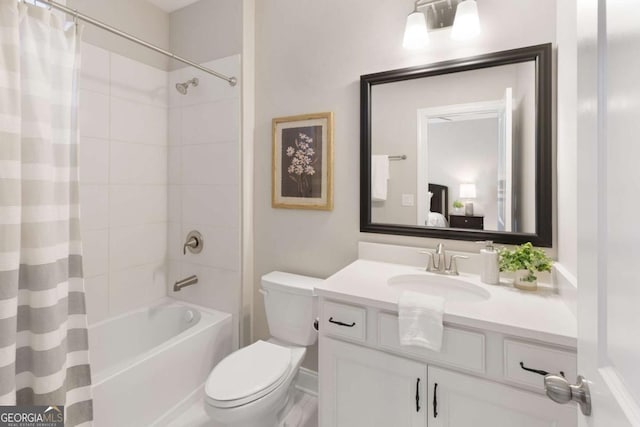 full bathroom featuring vanity, shower / bath combo, and toilet