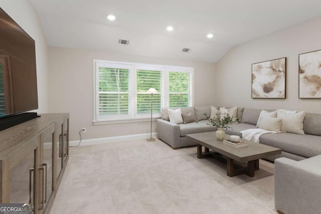 living room with visible vents, lofted ceiling, baseboards, recessed lighting, and light colored carpet