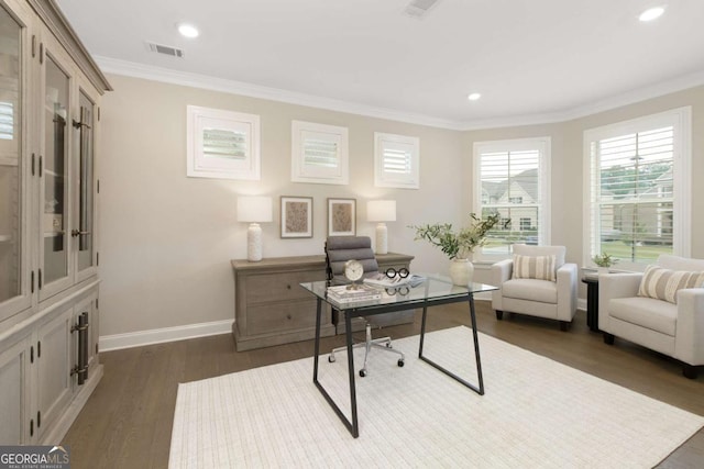 office featuring baseboards, ornamental molding, dark wood-style floors, and recessed lighting
