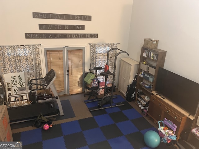 workout room featuring carpet flooring