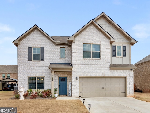 view of front of property featuring concrete driveway, brick siding, roof with shingles, and a garage