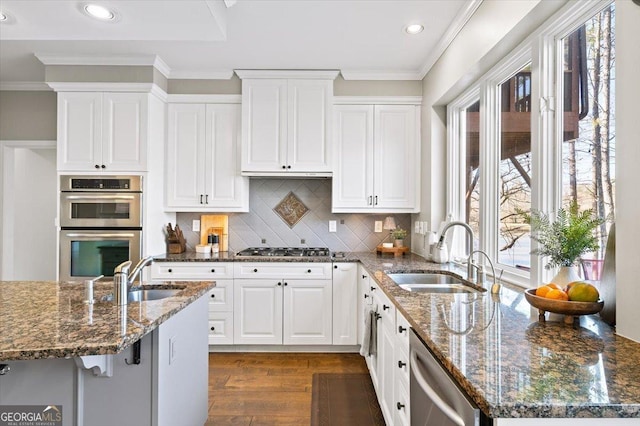 kitchen with a sink, stainless steel appliances, dark wood-style flooring, and white cabinetry