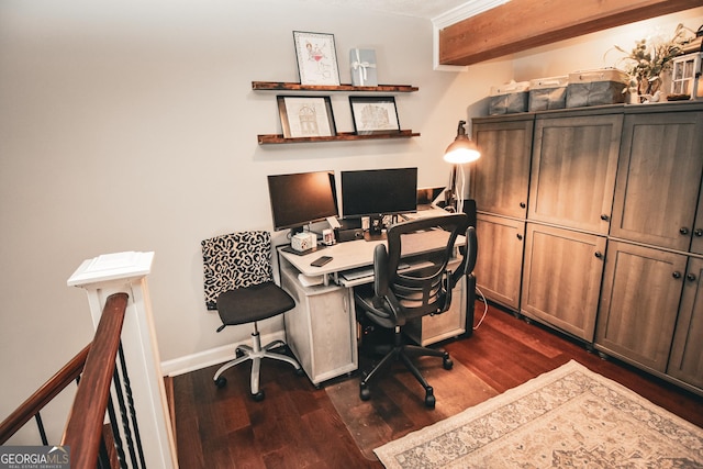 home office with baseboards and dark wood finished floors