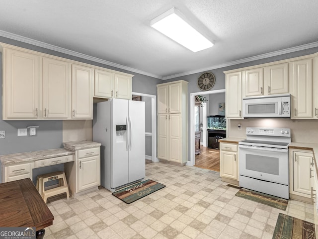 kitchen with crown molding, cream cabinets, light countertops, light floors, and white appliances