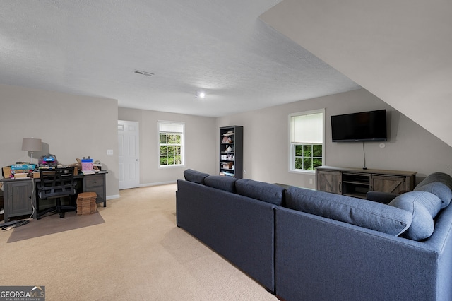314 Kings Pointe Dr SW, Calhoun, GA 30701 - living area with baseboards, light carpet, a textured ceiling, and visible vents