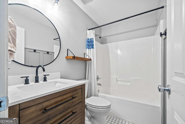 bathroom featuring visible vents, vanity, tile patterned floors, toilet, and shower / bathtub combination with curtain