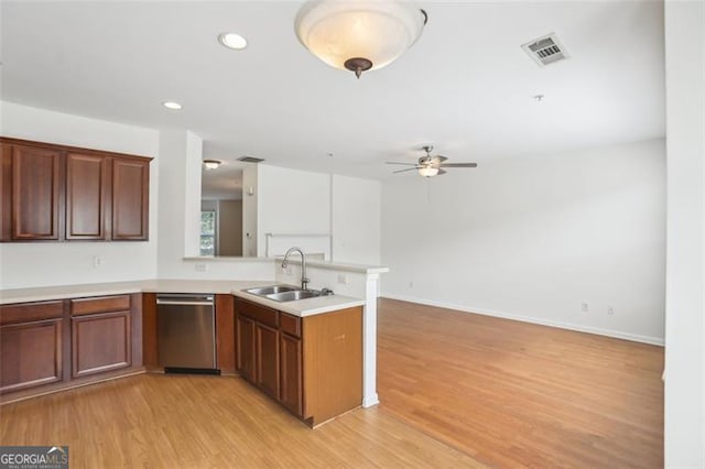 6080 Indian Wood Cir, Mableton, GA 30126 - kitchen with stainless steel dishwasher, visible vents, a peninsula, ceiling fan, and a sink
