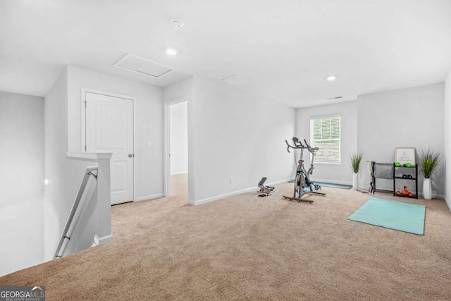 3135 Ellenton Dr, Lithia Springs, GA 30122 - workout area featuring attic access, carpet, and recessed lighting