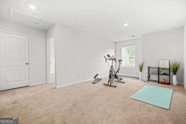3135 Ellenton Dr, Lithia Springs, GA 30122 - exercise room featuring attic access, carpet floors, and recessed lighting