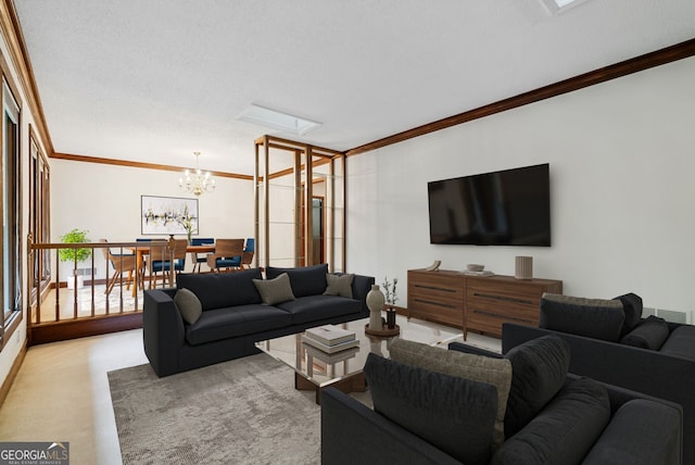 living area with crown molding, a chandelier, visible vents, and light carpet