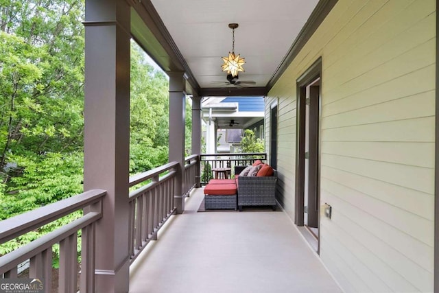 balcony with a ceiling fan