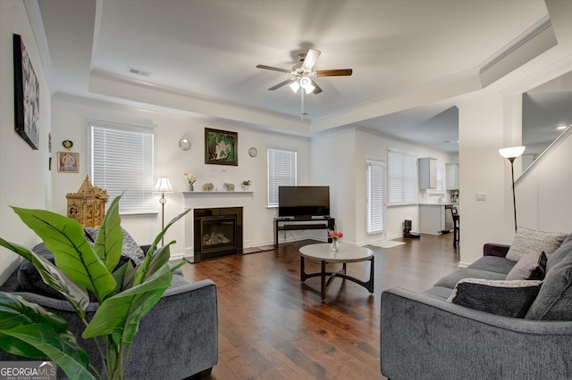 3236 Papyrus Palm Rd, Loganville, GA 30052 - kitchen with crown molding, ceiling fan, dark wood-style floors, stainless steel refrigerator with ice dispenser, and recessed lighting