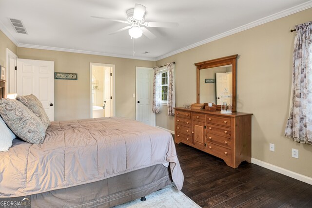 bedroom with crown molding, baseboards, dark wood finished floors, and visible vents