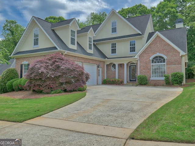 view of front of property with a shingled roof, brick siding, stucco siding, a front yard, and concrete driveway