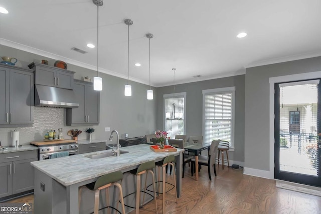 1914 Coal Pl, Atlanta, GA 30318 - kitchen featuring decorative backsplash, electric stove, gray cabinets, under cabinet range hood, and a sink
