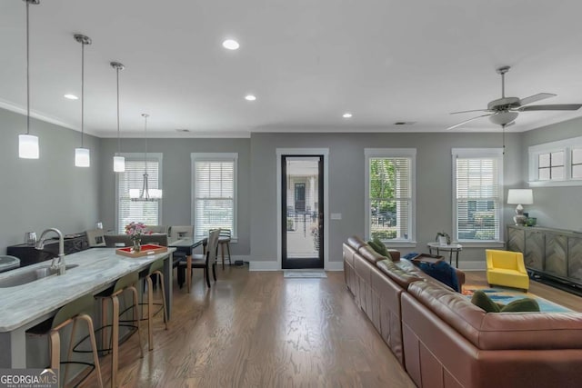 1914 Coal Pl, Atlanta, GA 30318 - living area featuring ceiling fan, crown molding, baseboards, recessed lighting, and light wood-style flooring