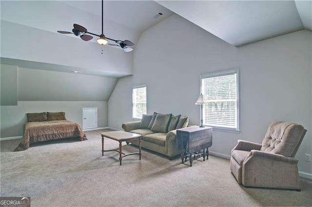 5800 Villa Rica Hwy, Dallas, GA 30157 - living area with lofted ceiling, carpet, and a ceiling fan