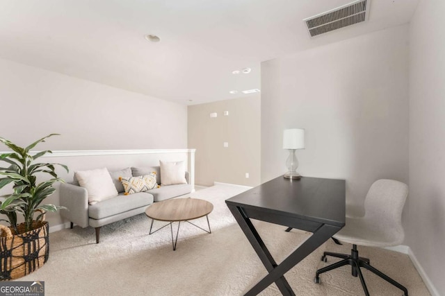 interior space featuring baseboards, carpet, recessed lighting, and visible vents