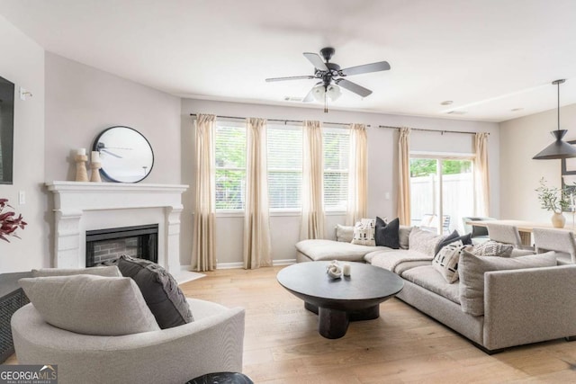 living area with a ceiling fan, a glass covered fireplace, and light wood-type flooring
