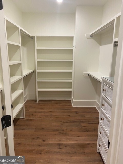 walk in closet with dark wood-style floors