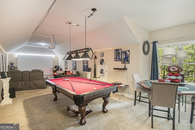 game room with visible vents, pool table, vaulted ceiling, baseboards, and carpet flooring